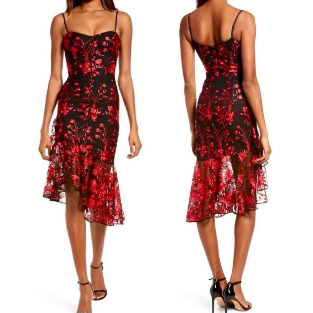 Red Floral Lace Midi Dress - Women